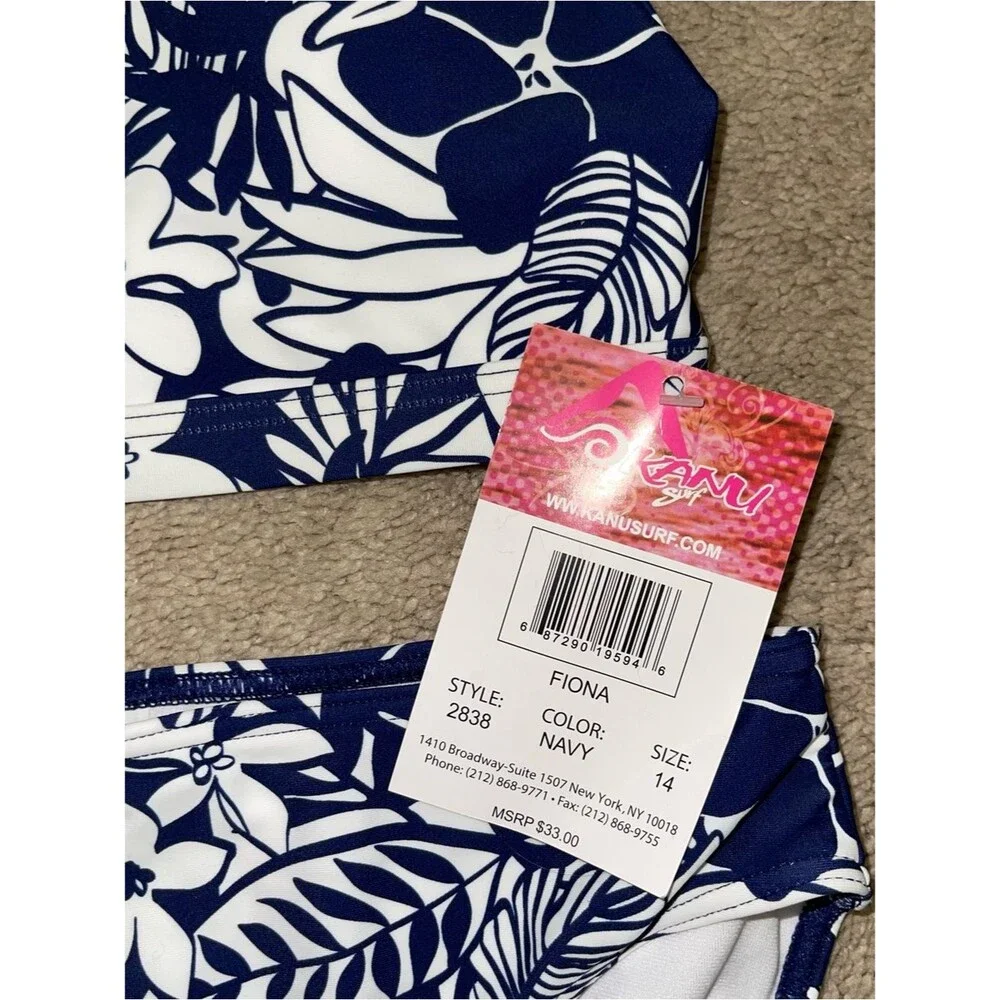 NWT Girl’s Navy Floral and Leaf Design Bikini Set - Size 14